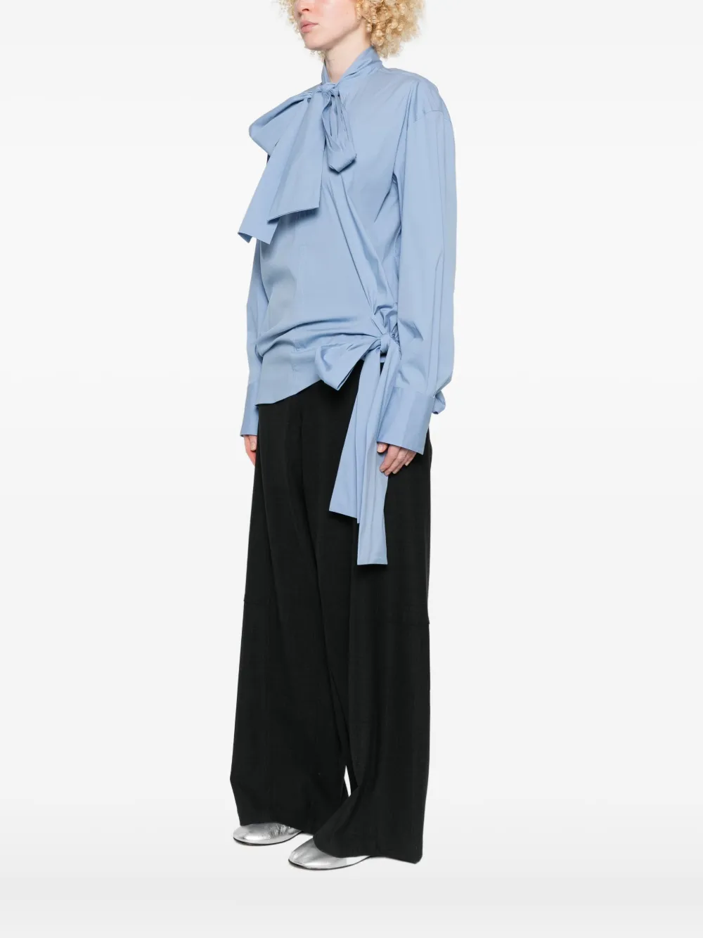 Plan C Tie-neck Wrap Silk Shirt In Blue
