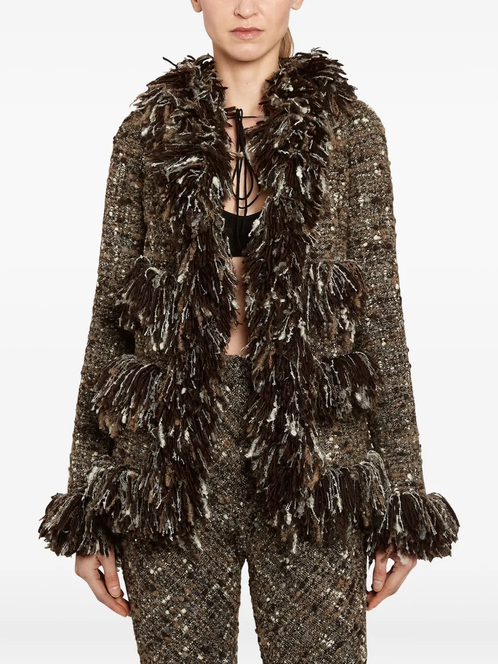 Giambattista Valli Bouclé Fringe Jacket In Brown
