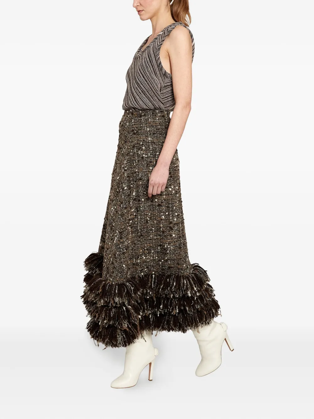 Giambattista Valli Bouclé Fringed Skirt In Brown
