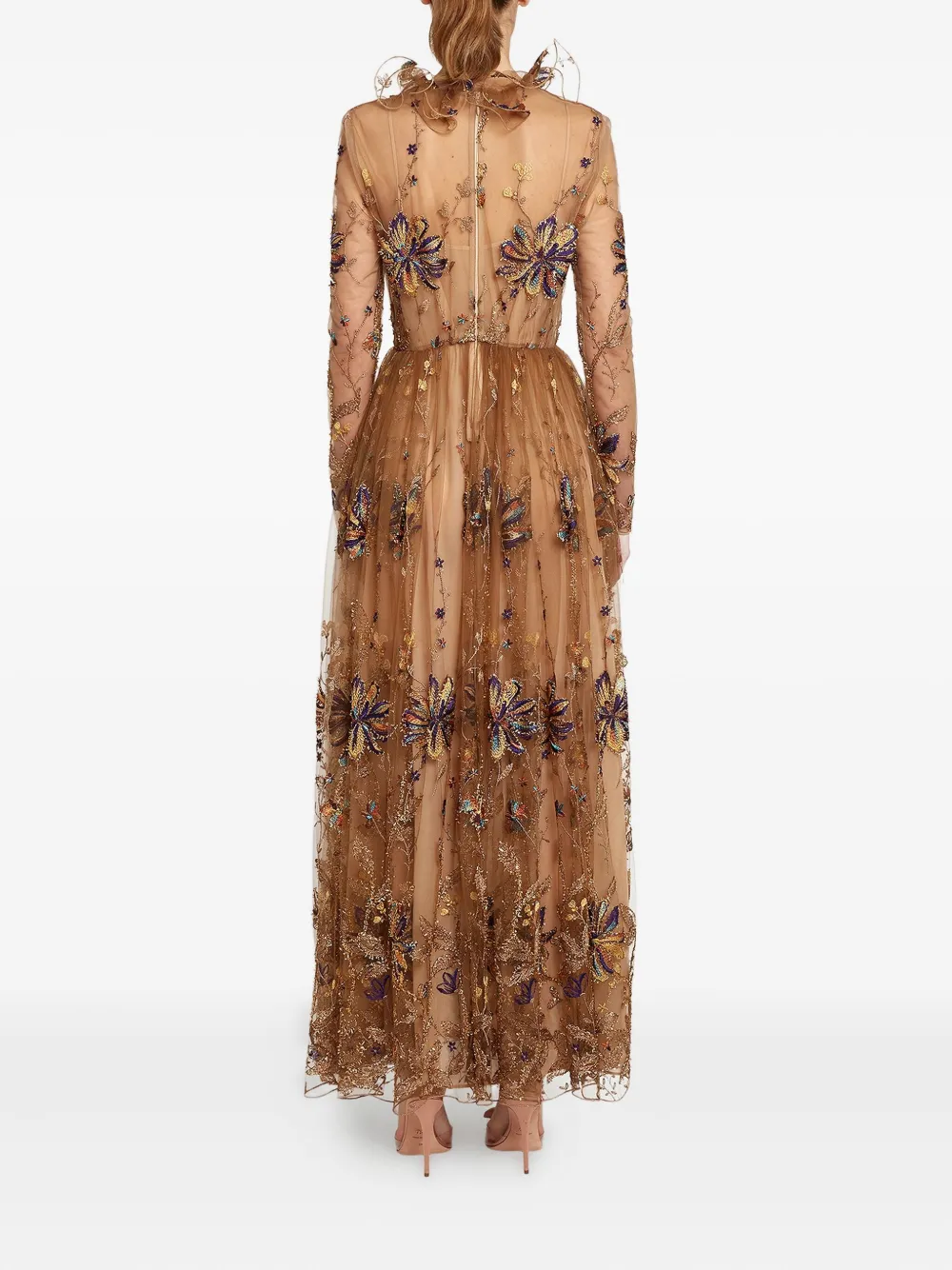 Giambattista Valli Embroidered-flowers Tulle-ruffle Midi Dress In Brown