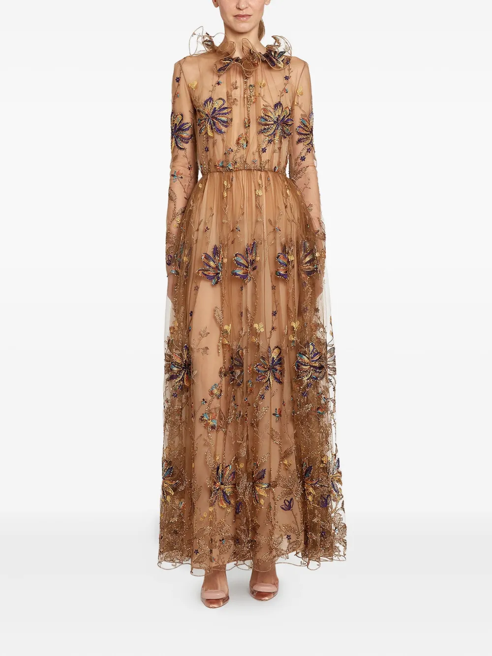 Giambattista Valli Embroidered-flowers Tulle-ruffle Midi Dress In Brown