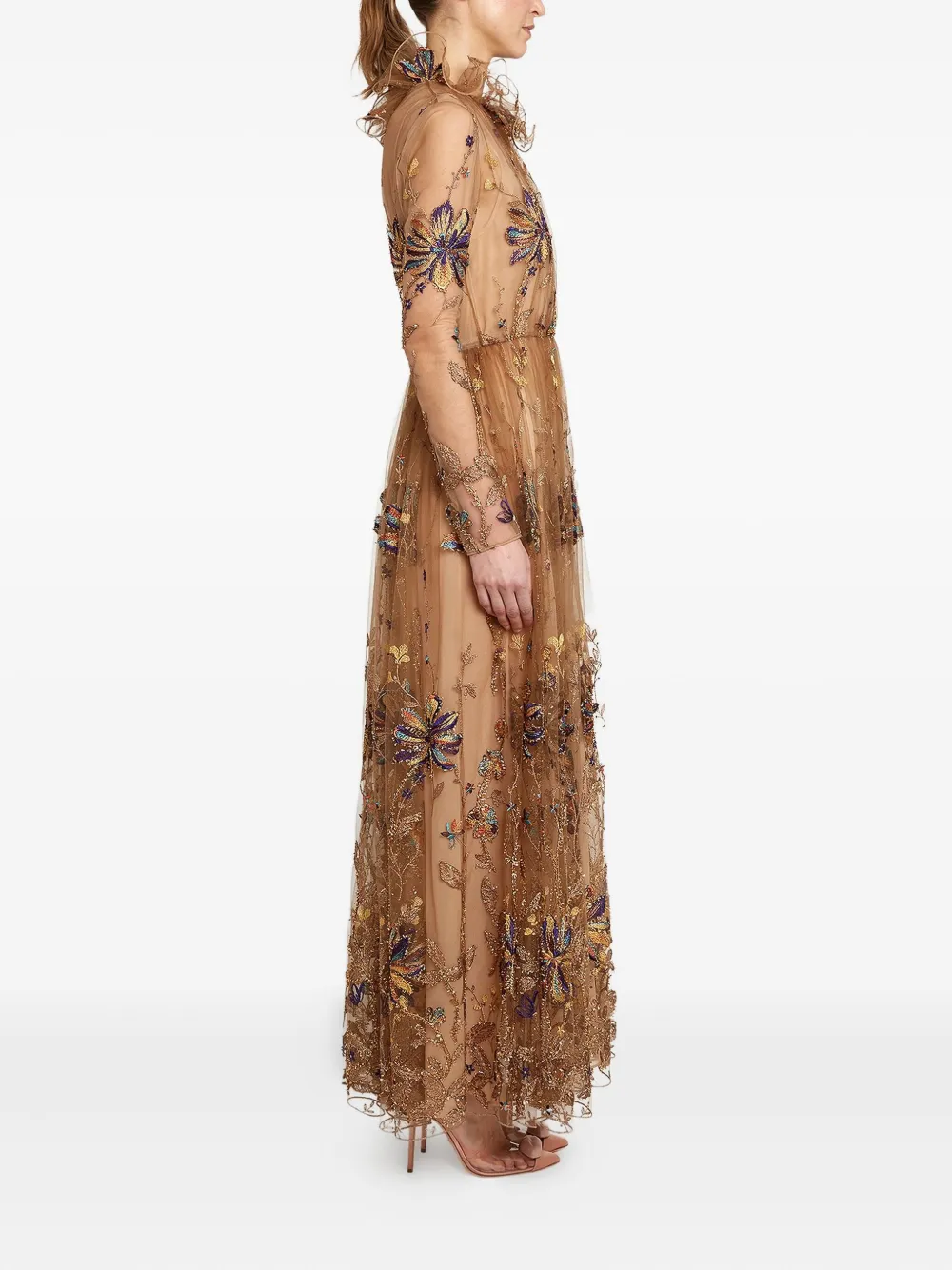 Giambattista Valli Embroidered-flowers Tulle-ruffle Midi Dress In Brown