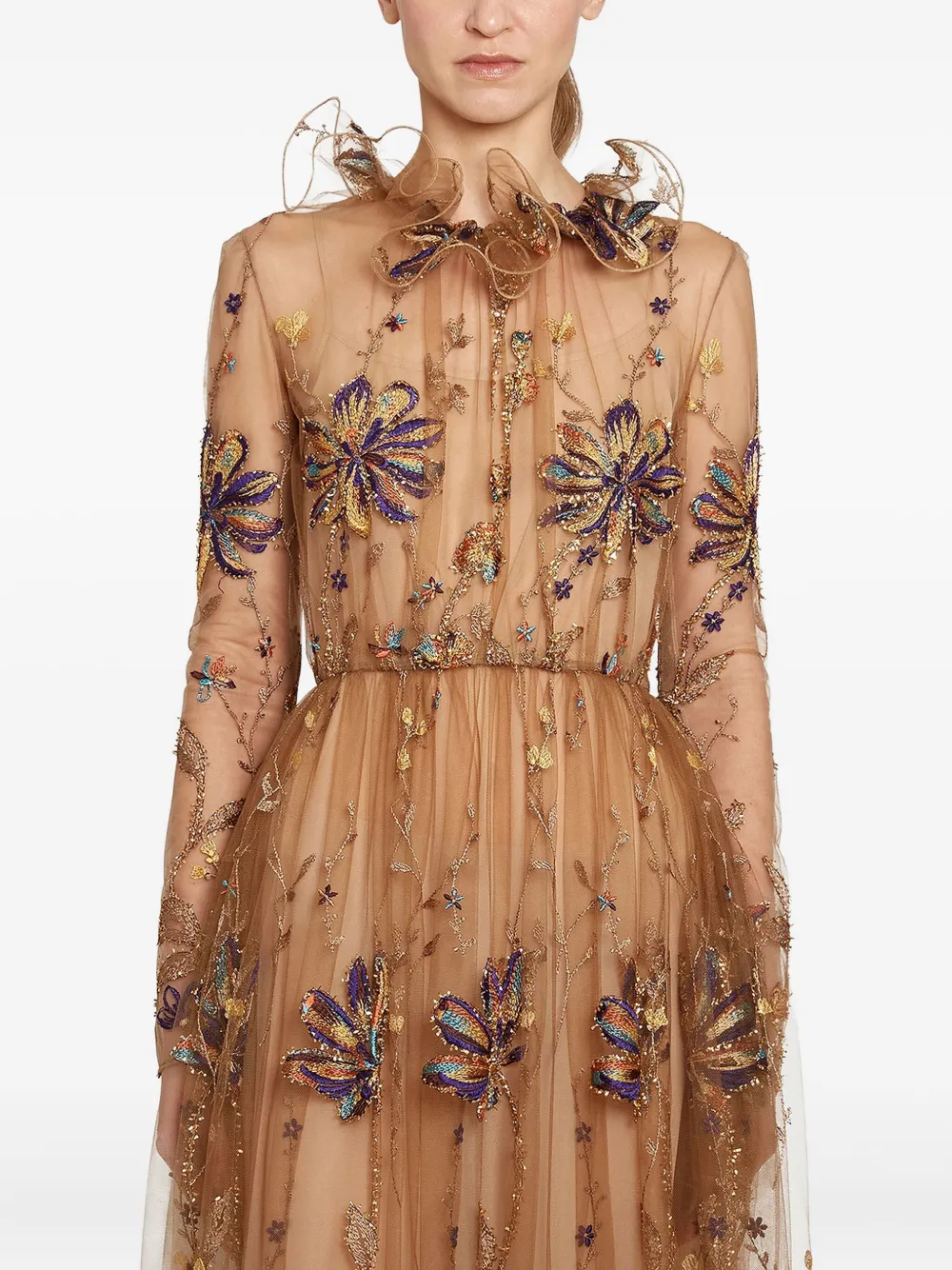Giambattista Valli Embroidered-flowers Tulle-ruffle Midi Dress In Brown