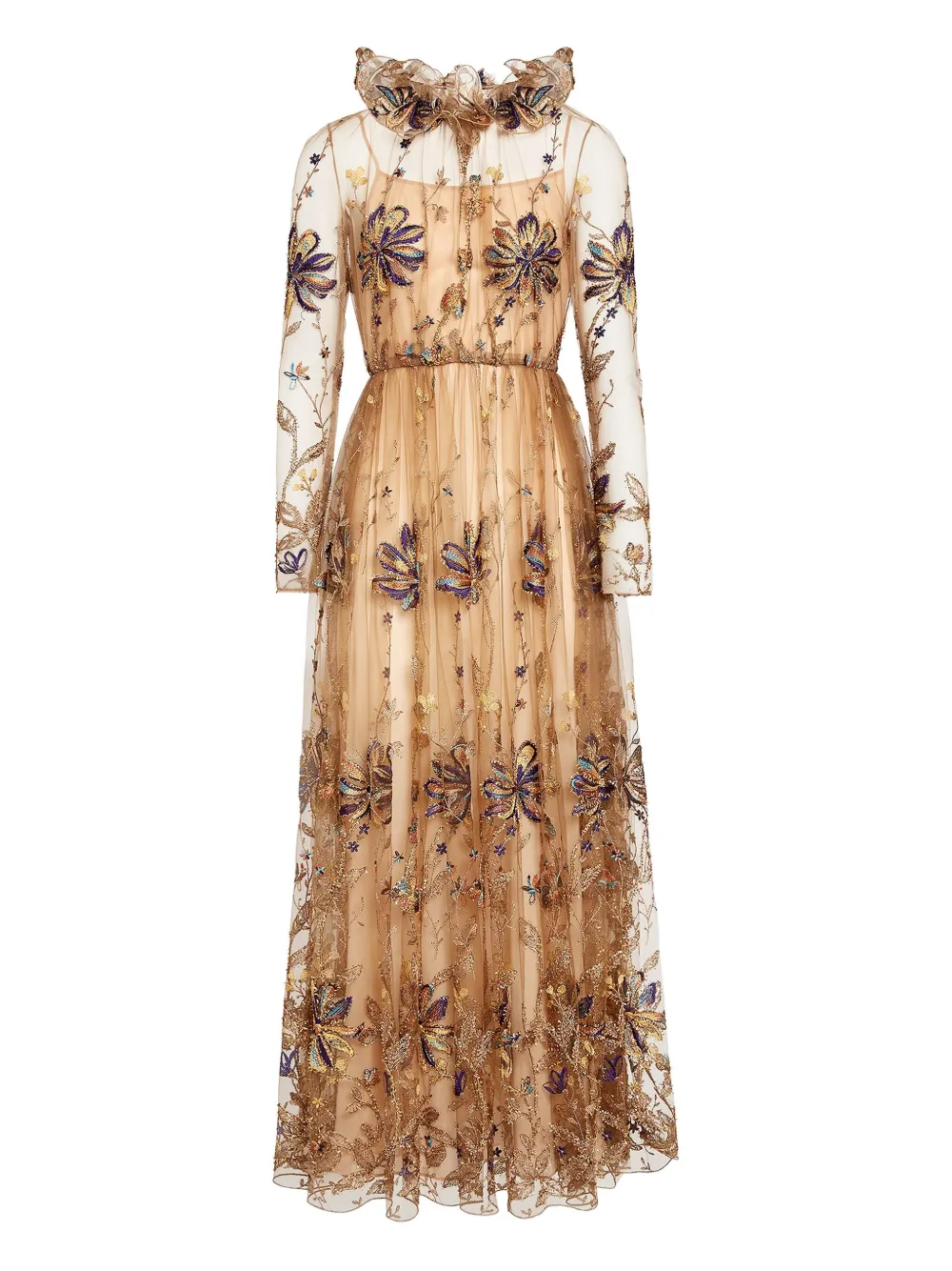 Giambattista Valli Embroidered-flowers Tulle-ruffle Midi Dress In Brown