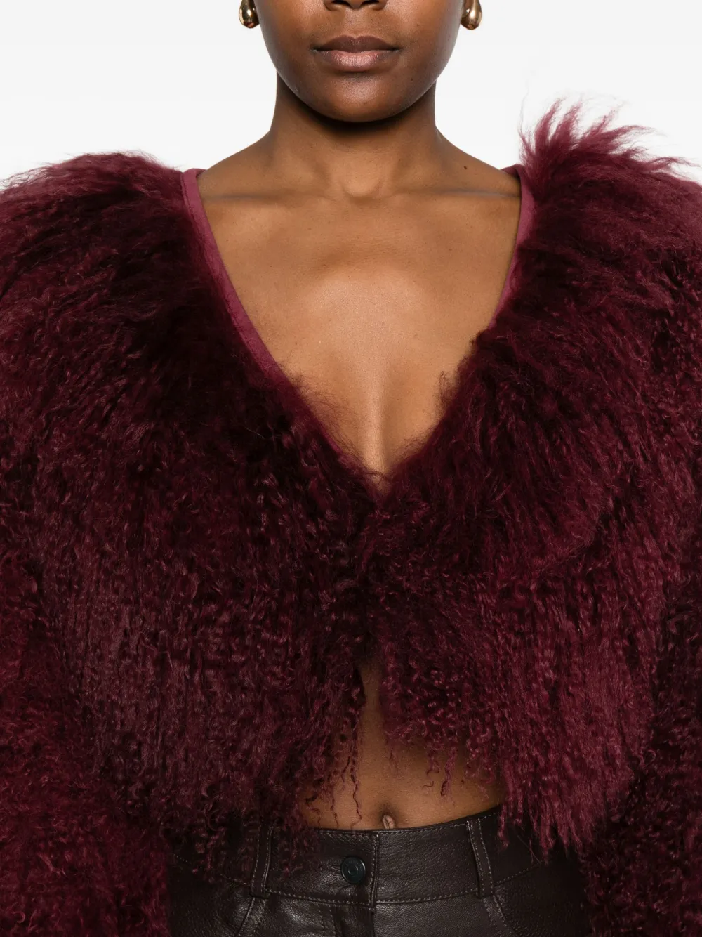 Retroféte Luxe Cropped Fur Jacket In Burgundy