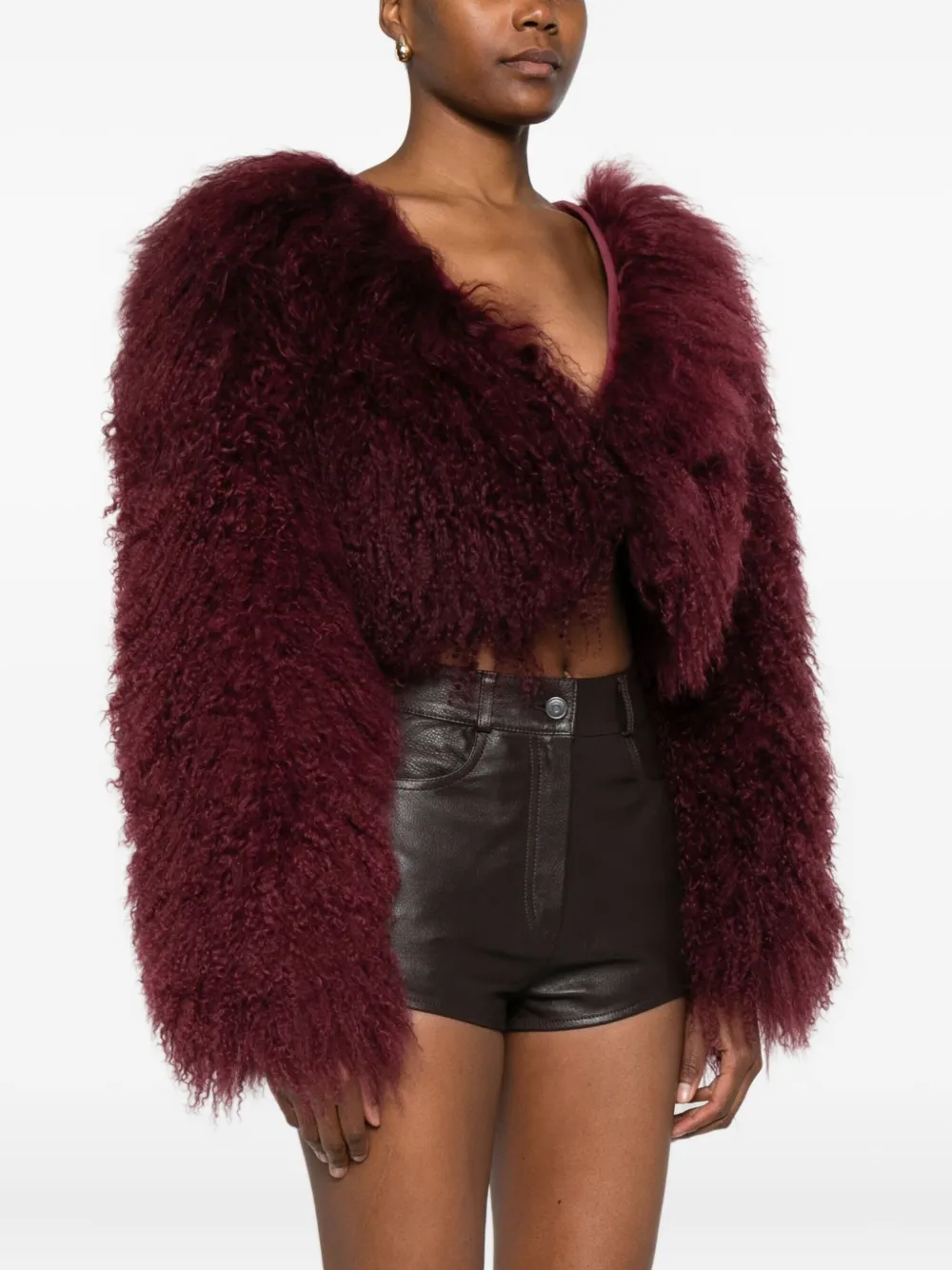 Retroféte Luxe Cropped Fur Jacket In Burgundy
