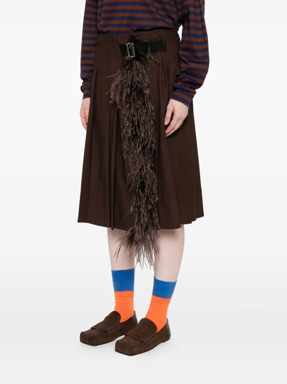 Plan C Midi-plooirok met veren afwerking Bruin