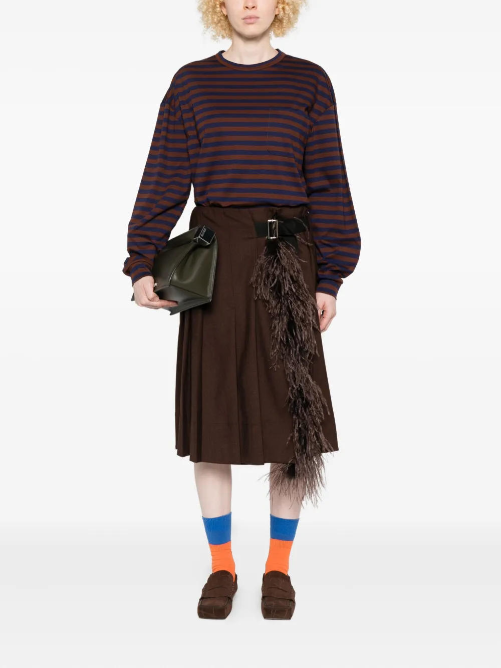 Plan C Midi-plooirok met veren afwerking - Bruin