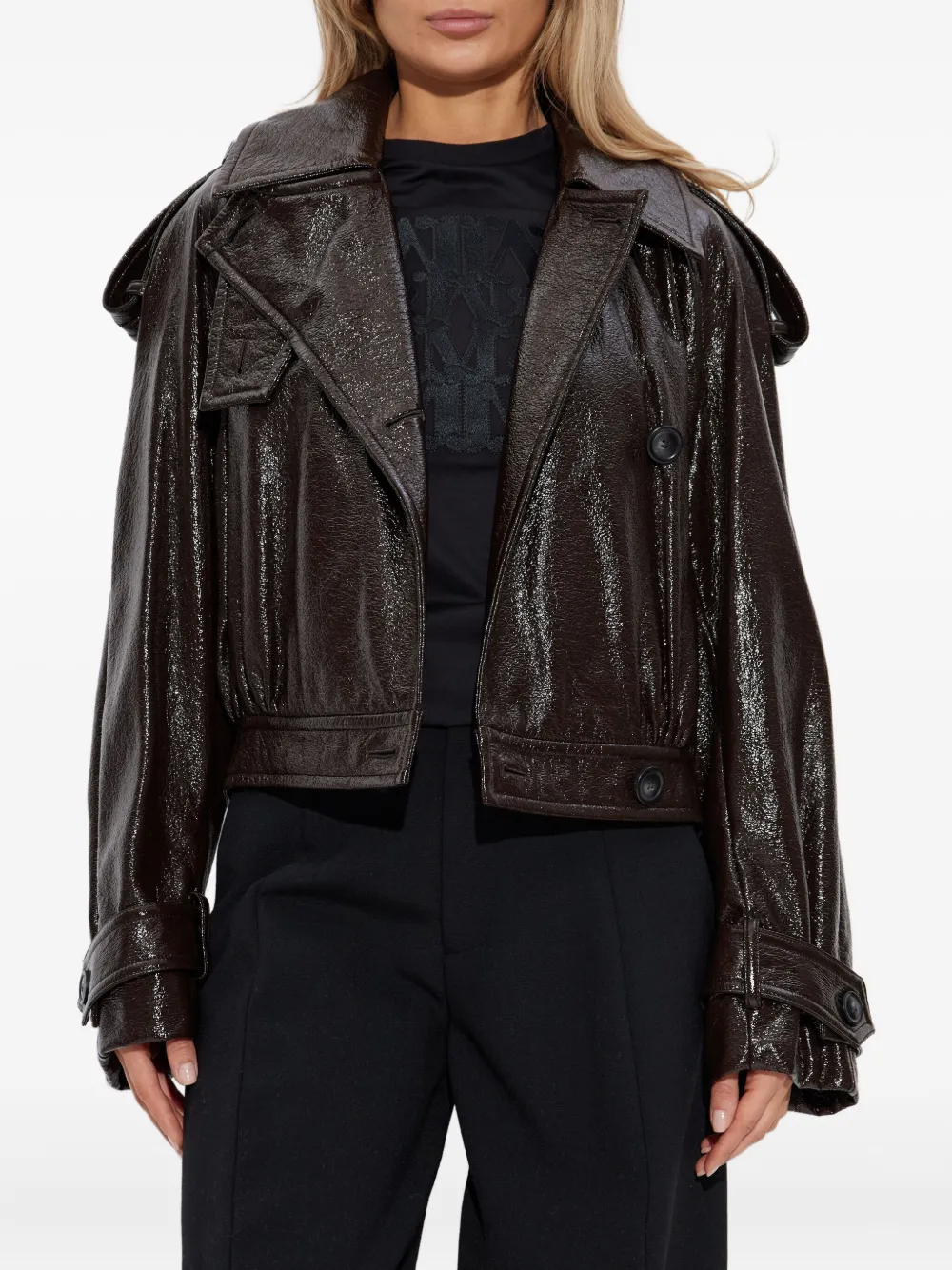 Sportmax Short Trench Coat With Patent Effect And Bomber Inspired Details In Black