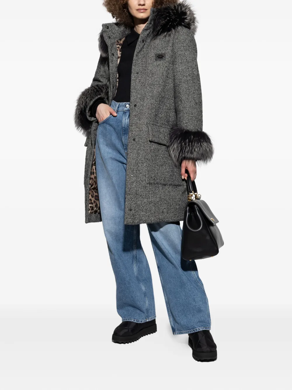 Dolce & Gabbana Faux-fur Trimmed Wool Coat In Gray