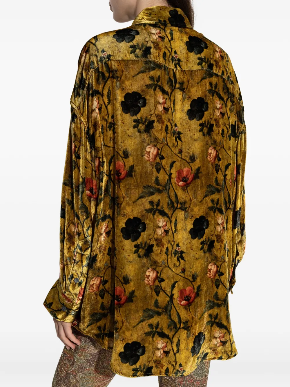 R13 Drop Neck Oversize Floral Velvet Button-up Shirt In Yellow