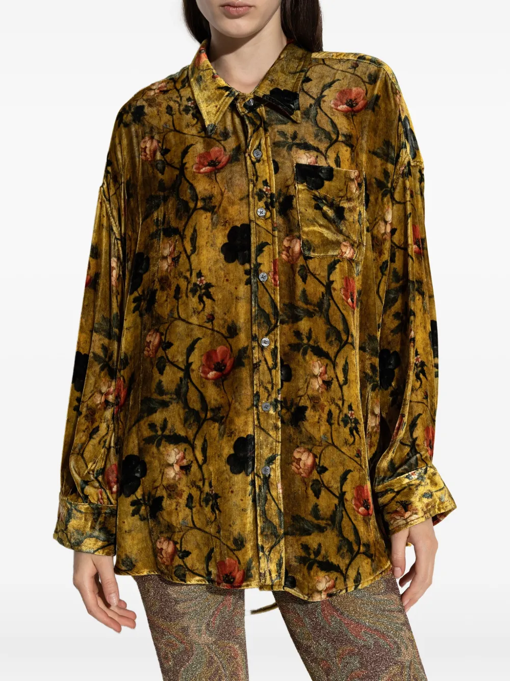 R13 Drop Neck Oversize Floral Velvet Button-up Shirt In Yellow