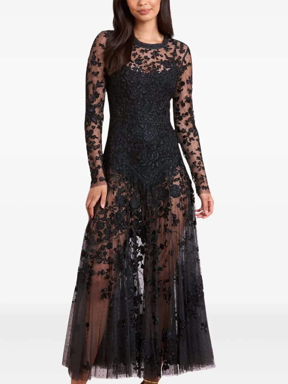 Needle & Thread Rosa Floral-embroidered Maxi Dress In Black