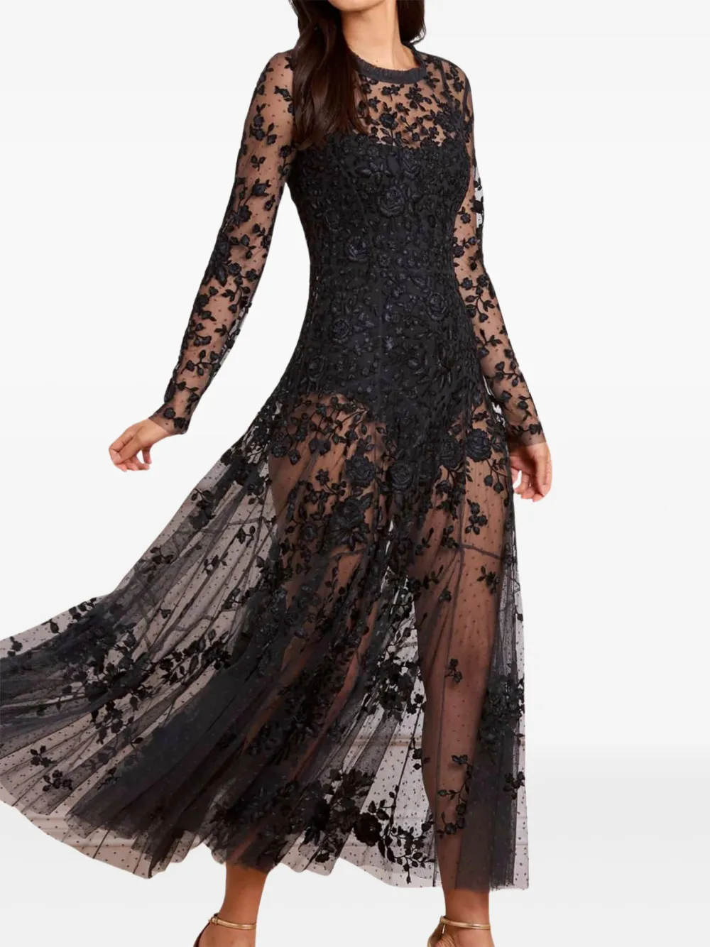 Needle & Thread Rosa Floral-embroidered Maxi Dress In Black