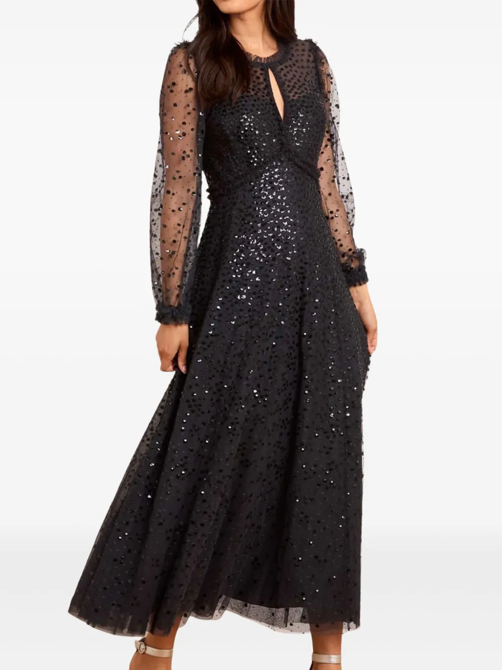 Needle & Thread Maxi-jurk met pailletten en lange mouwen - Zwart