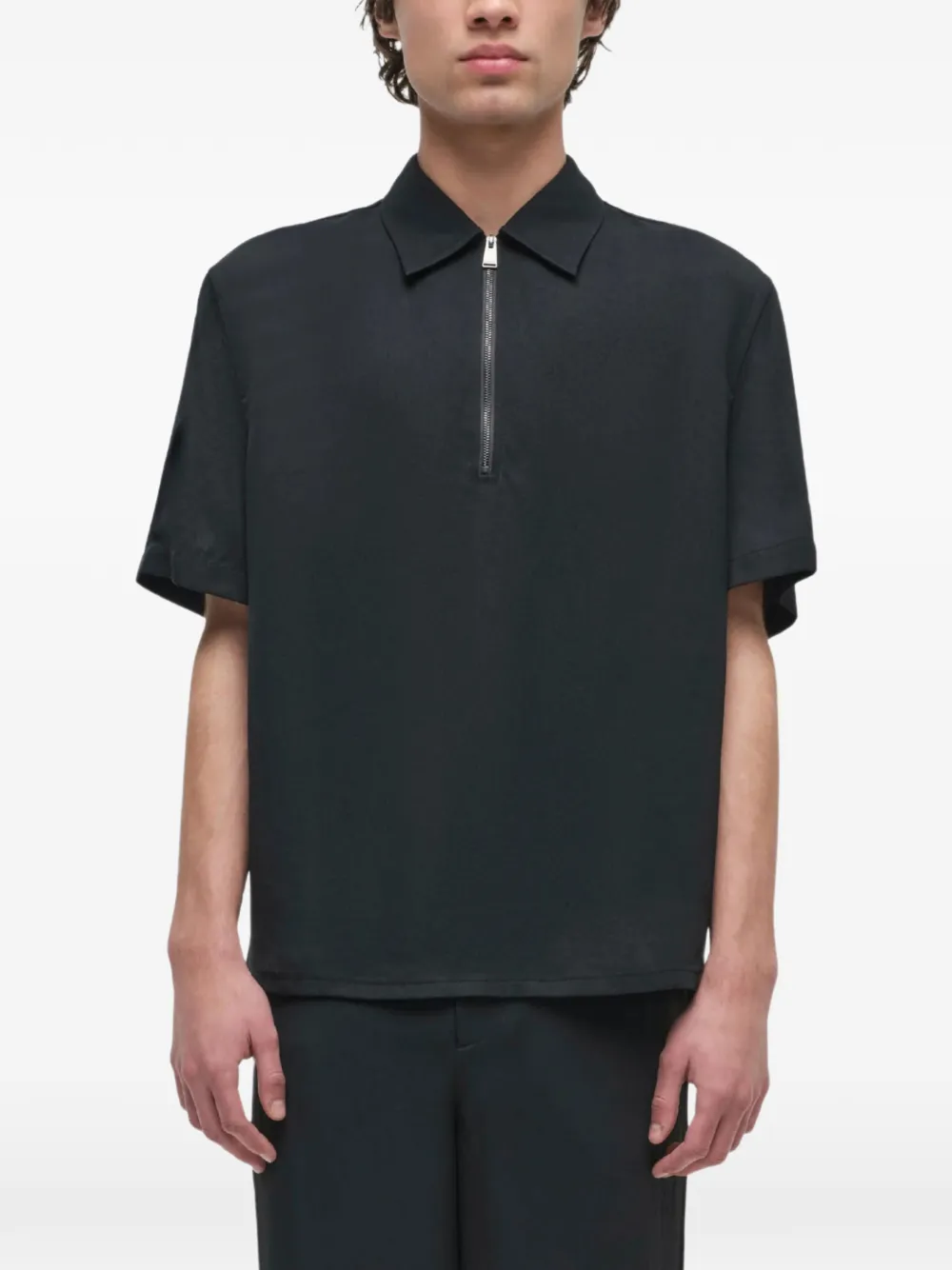 SIMKHAI Ethan Zip-up Polo Shirt in Black, view 3