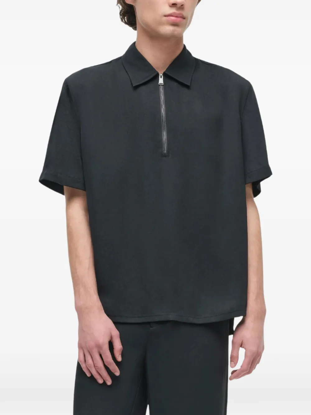 SIMKHAI Ethan Zip-up Polo Shirt in Black, view 4