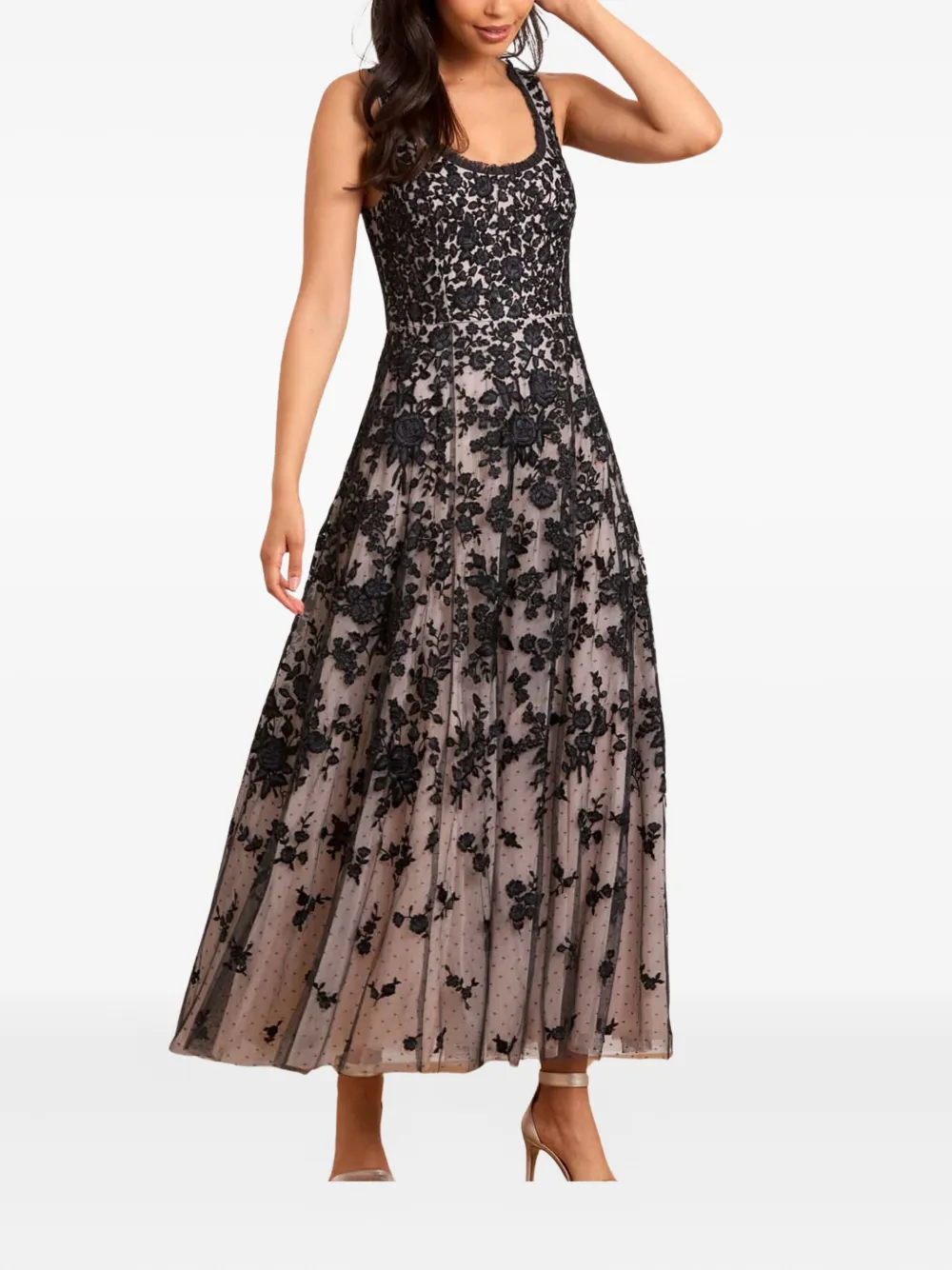 Needle & Thread Maxi-jurk met geborduurde bloemen en diepe ronde hals - Zwart