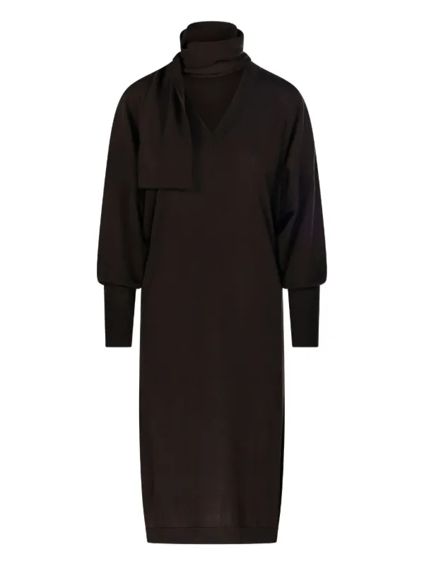 Nude V-neck Balloon-sleeve Midi Dress - Brown