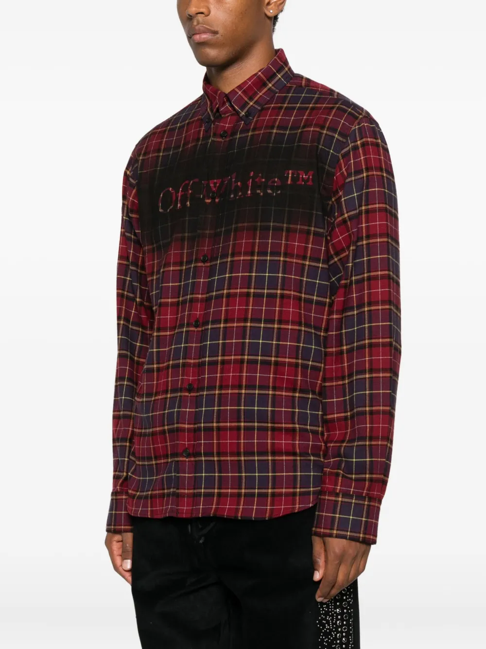 Off-white Bordeaux Shirt With Maxi Logo Lettering On The Front And All-over Check Motif In Wool Man In Red