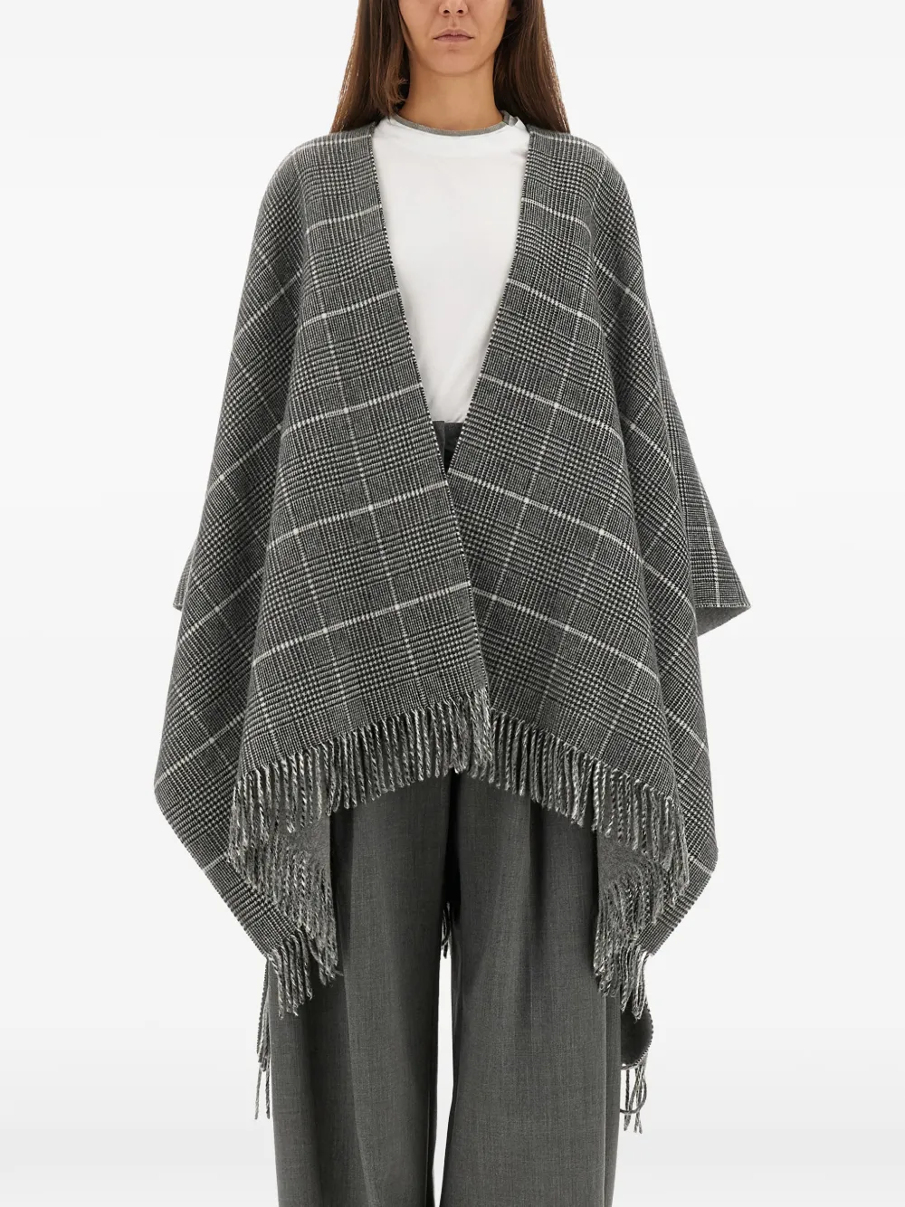Brunello Cucinelli fringed check-pattern cape | Grey | Image 1