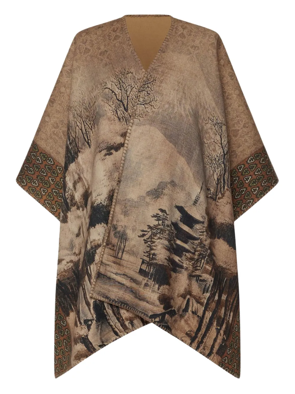 Pierre-louis Mascia Landscape-print Poncho Coat In Brown