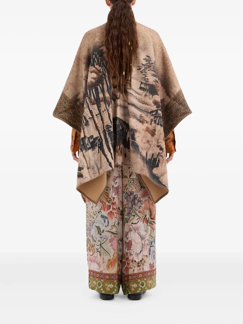 Pierre-louis Mascia Landscape-print Poncho Coat In Brown