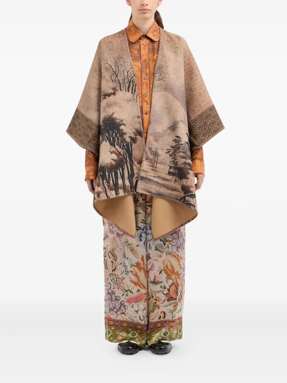 Pierre-louis Mascia Landscape-print Poncho Coat In Brown