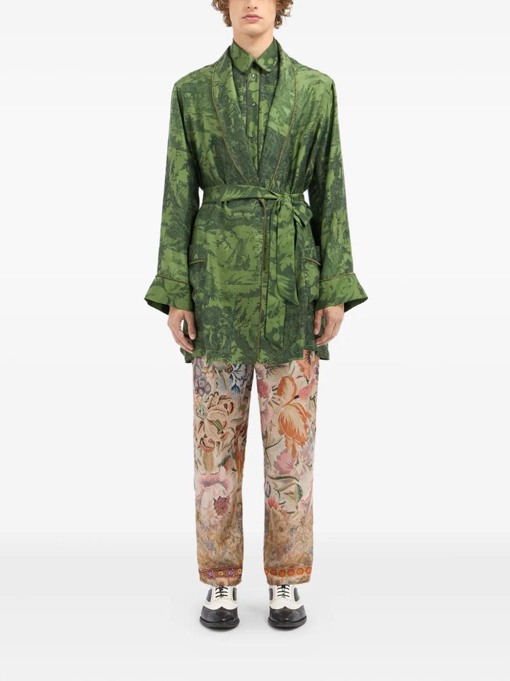 Pierre-louis Mascia Landscape-print Silk Robe In Green