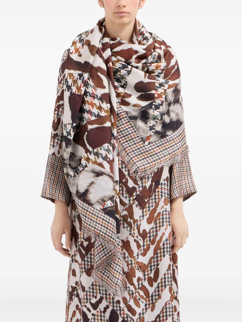 Pierre-louis Mascia Houndstooth-animal Print Scarf In Brown