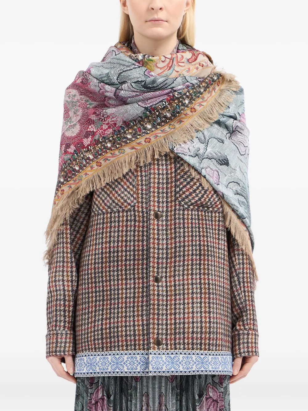 Pierre-Louis Mascia Sjaal met bloemenprint en franje Beige