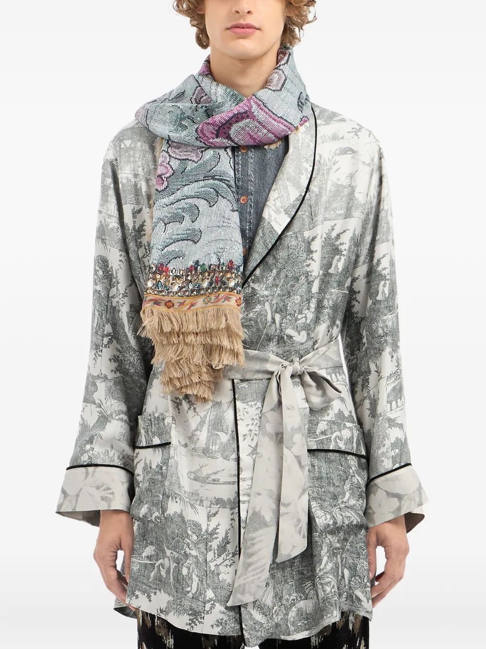 Pierre-Louis Mascia floral-pattern fringed-edges scarf | Neutrals | Image 1