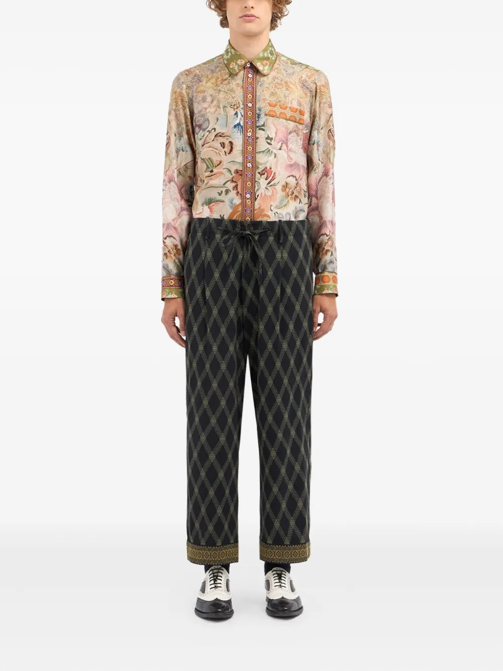 Pierre-louis Mascia Diamond-pattern Drawstring-waist Trousers In Black