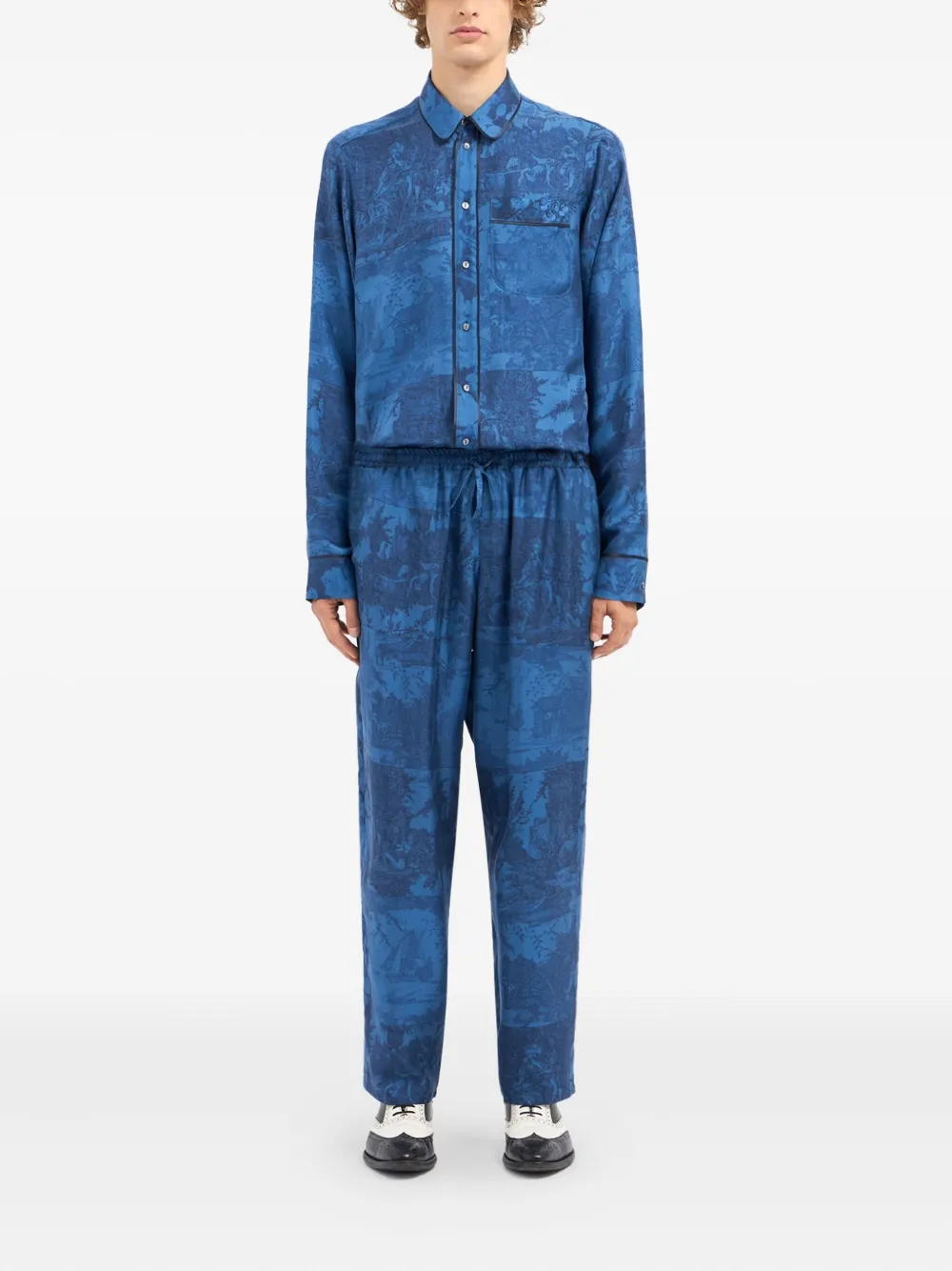 Pierre-Louis Mascia Broek met landschapsprint en trekkoord - Blauw