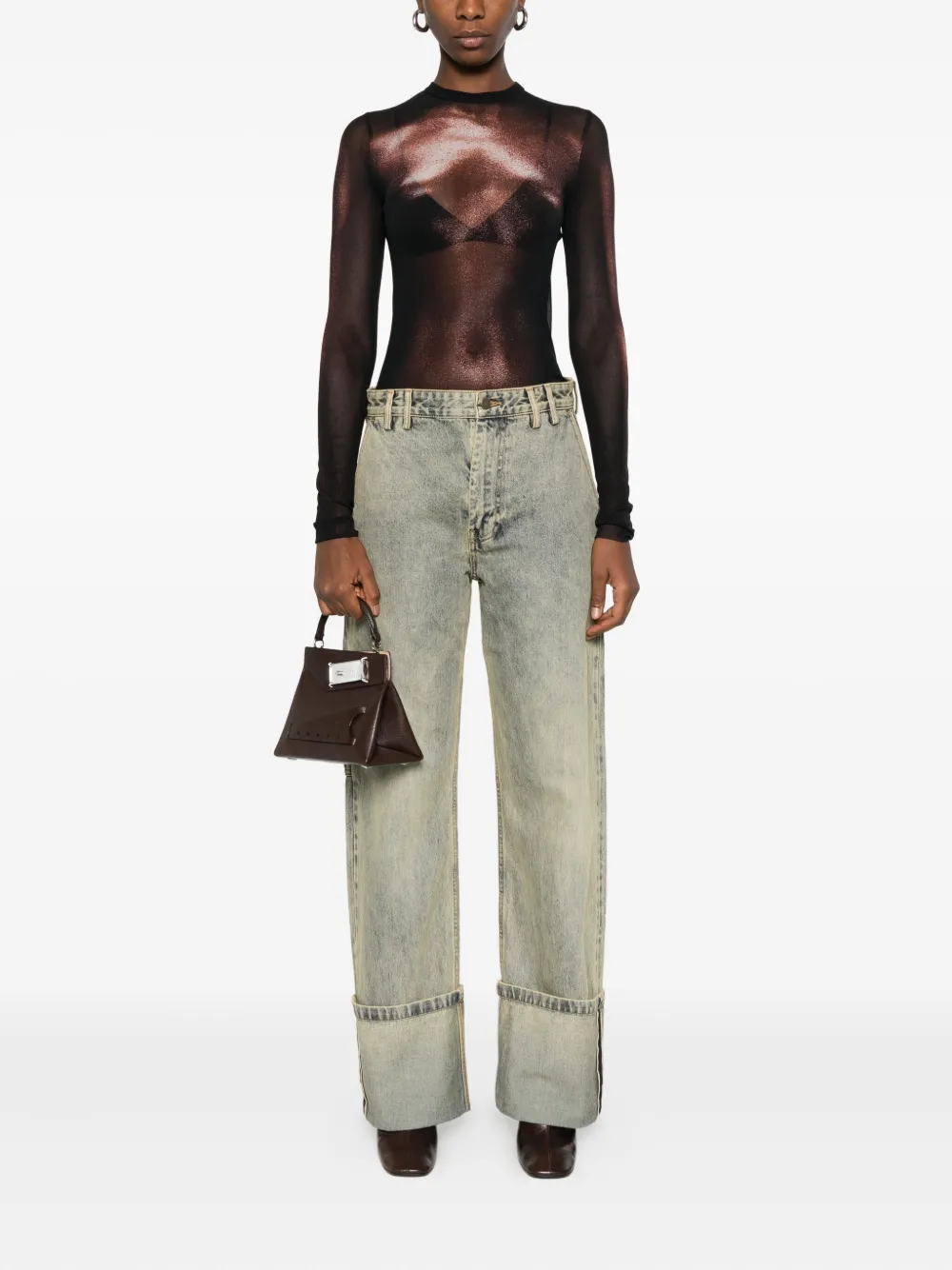 Jean Paul Gaultier Sheer Mesh Crew Neck Top Long Sleeves In Brown