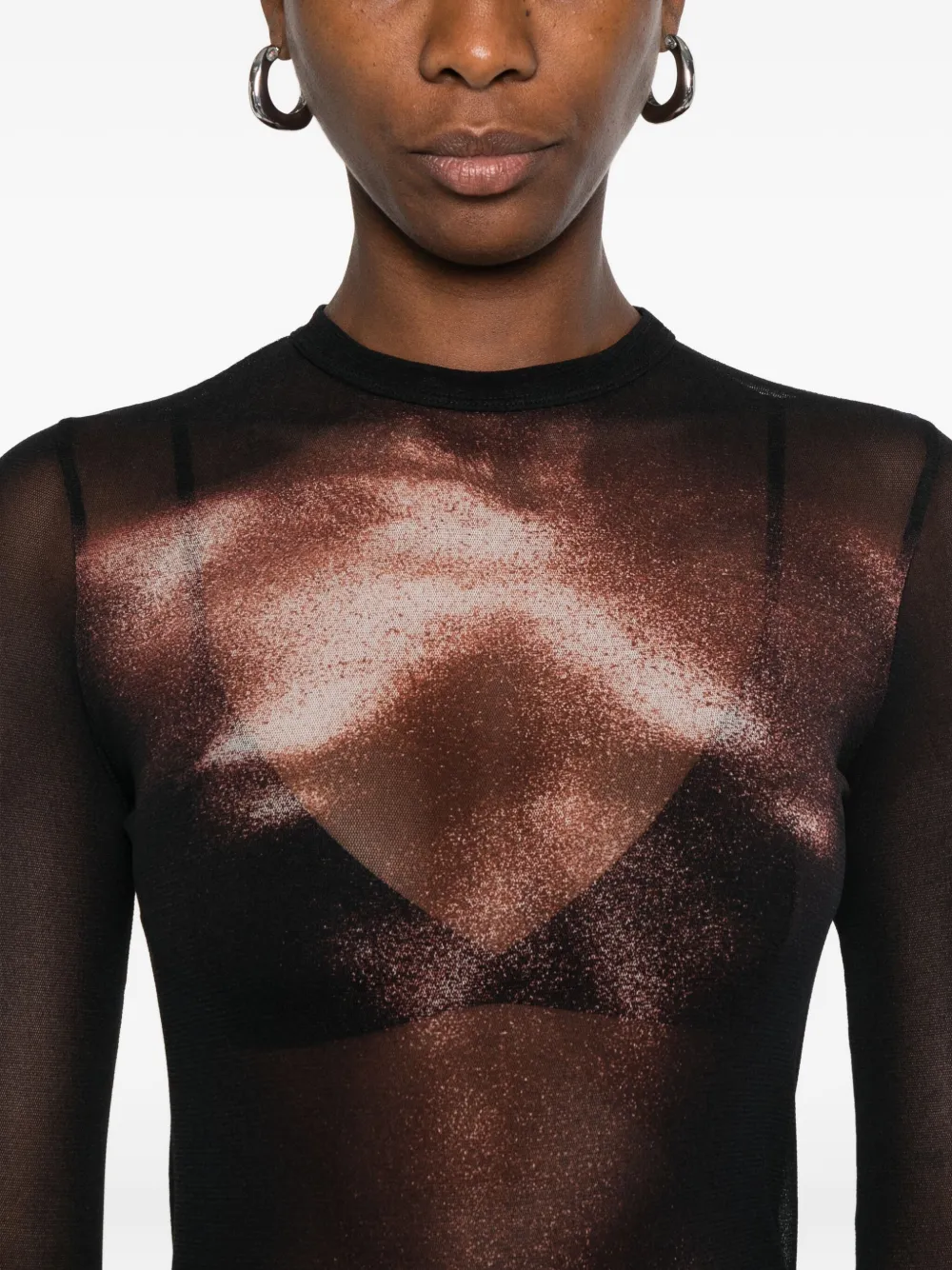 Jean Paul Gaultier Sheer Mesh Crew Neck Top Long Sleeves In Brown