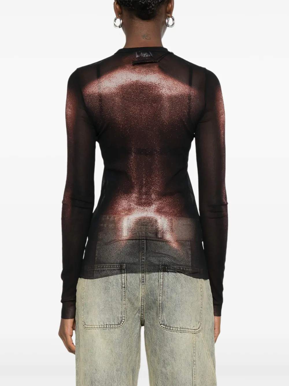 Jean Paul Gaultier Sheer Mesh Crew Neck Top Long Sleeves In Brown
