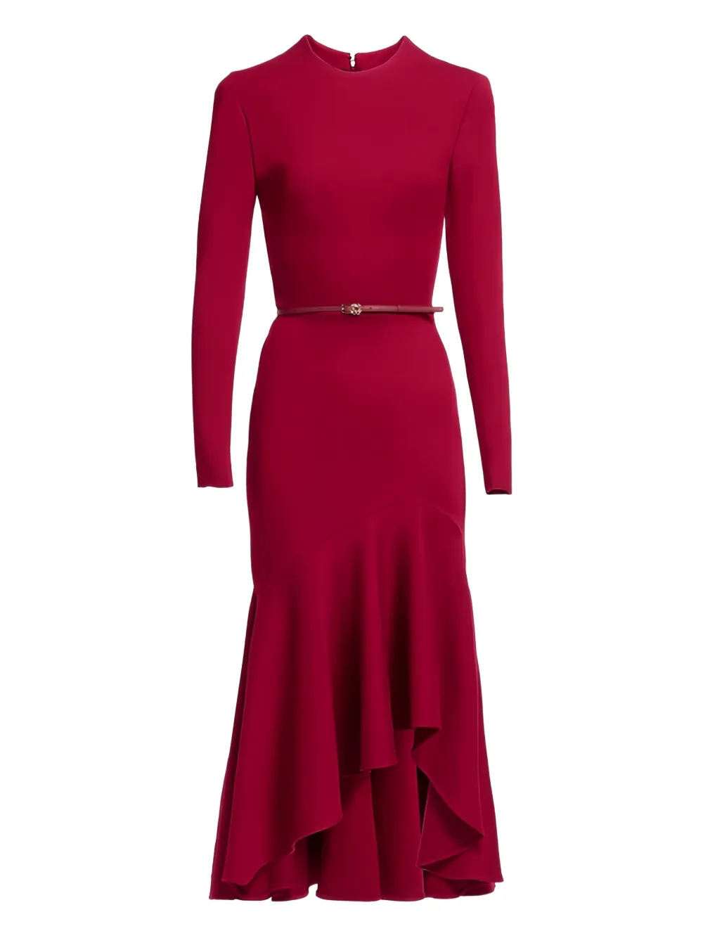 Elie Saab Ruffled Belted Midi Dress In Red