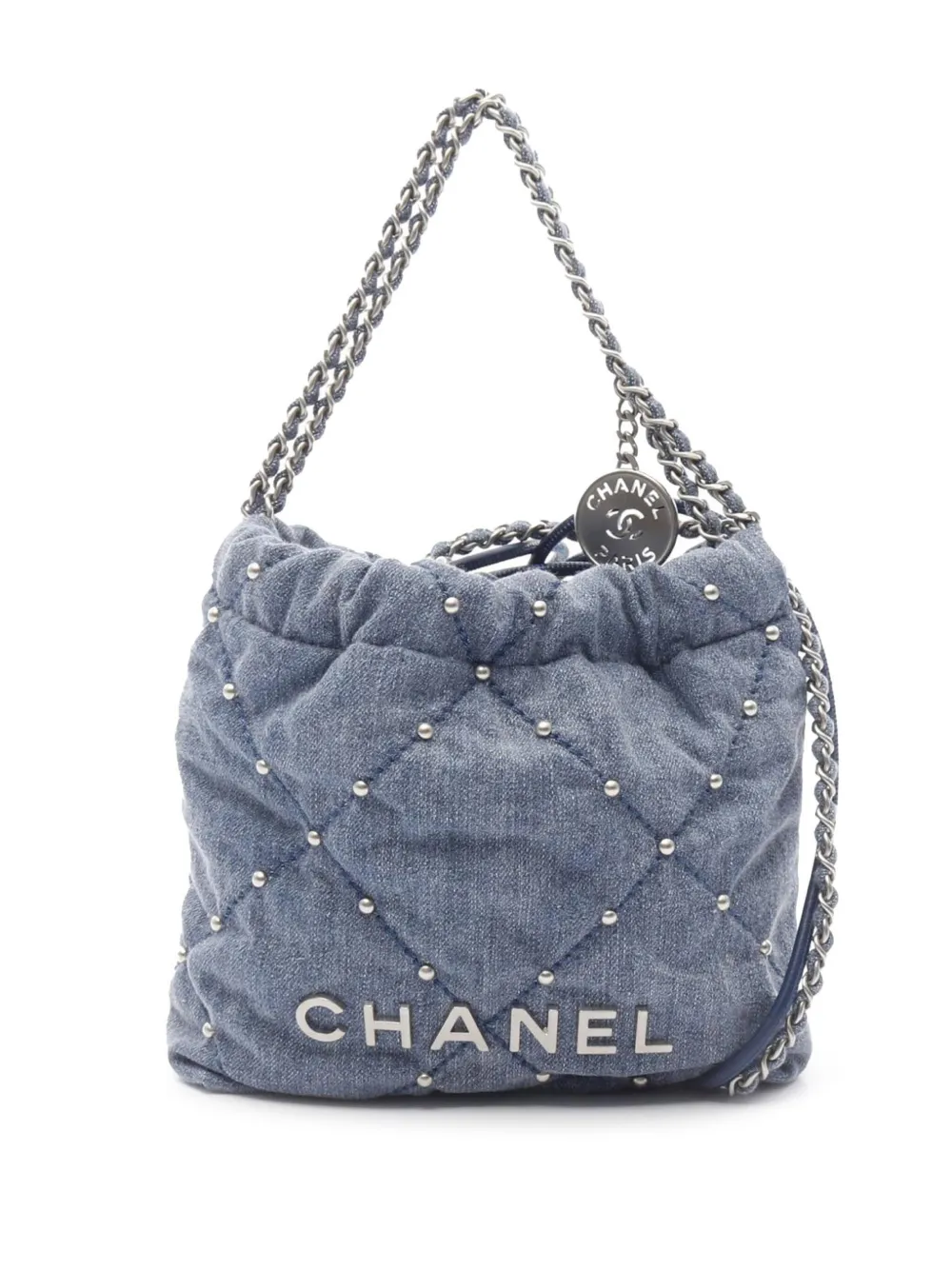 CHANEL Pre-Owned 2021-2025 Mini Denim Studded 22 Handbag satchel - ブルー CHANEL Pre-Owned 2021-2025 Mini Denim Studded 22 Handbag satchel - ブルー