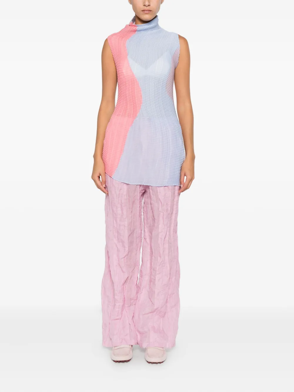 Issey Miyake Tweekleurige geplooide top - Blauw