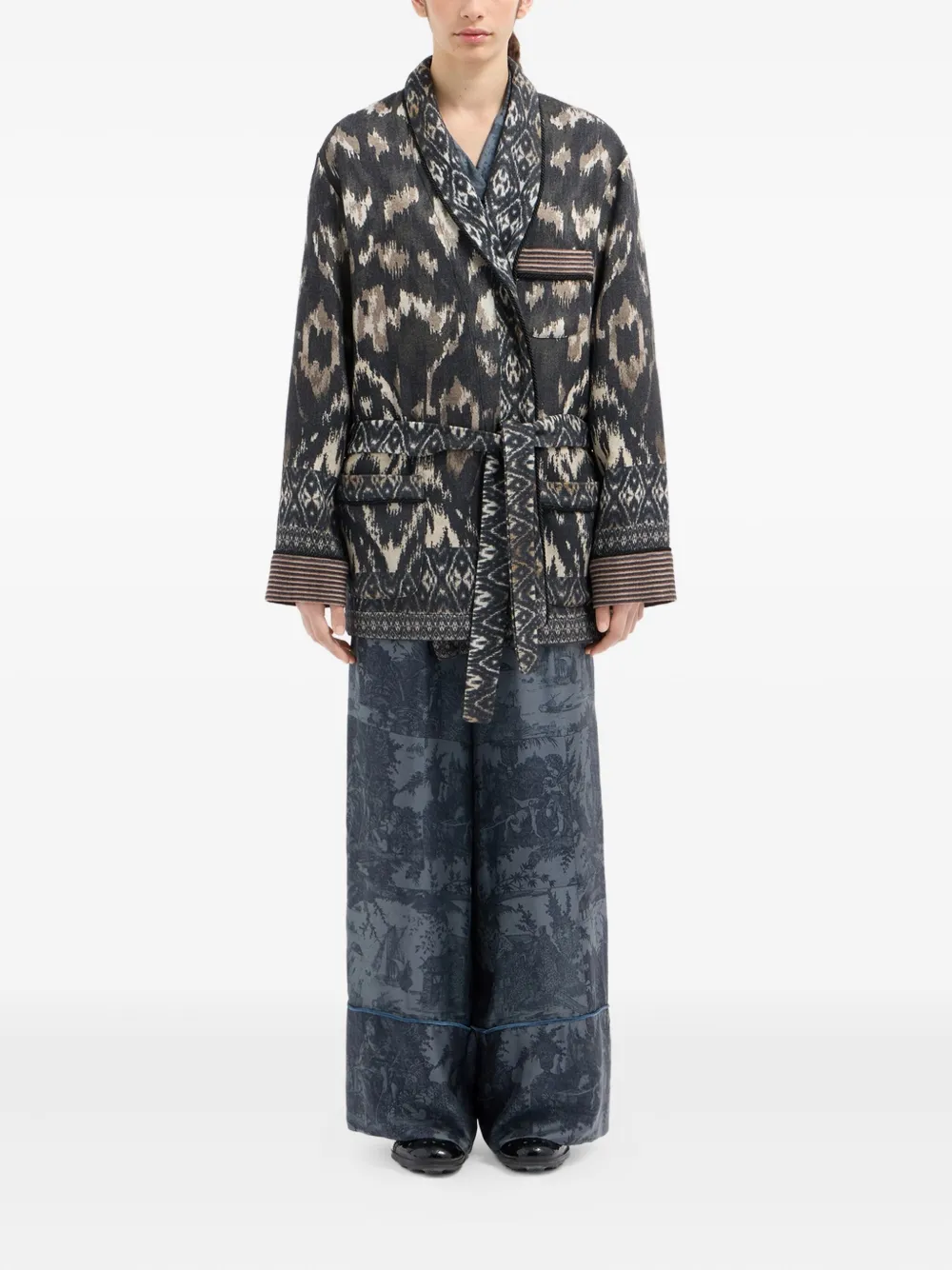 Pierre-louis Mascia Ikat-pattern Belted Jacket In Gray