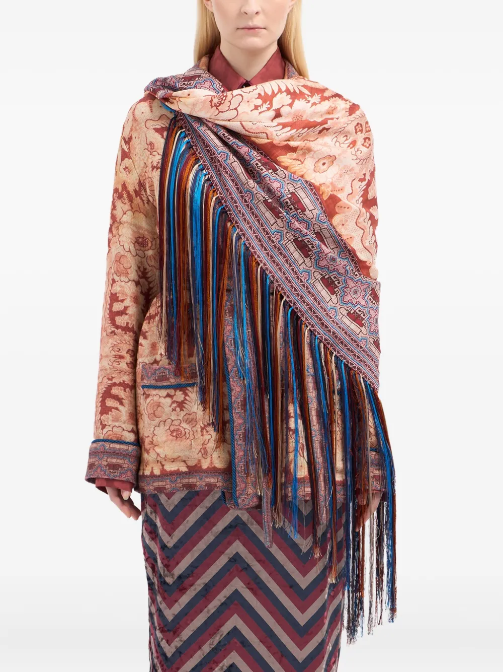Pierre-Louis Mascia floral-pattern fringed-edges scarf | Brown | Image 1