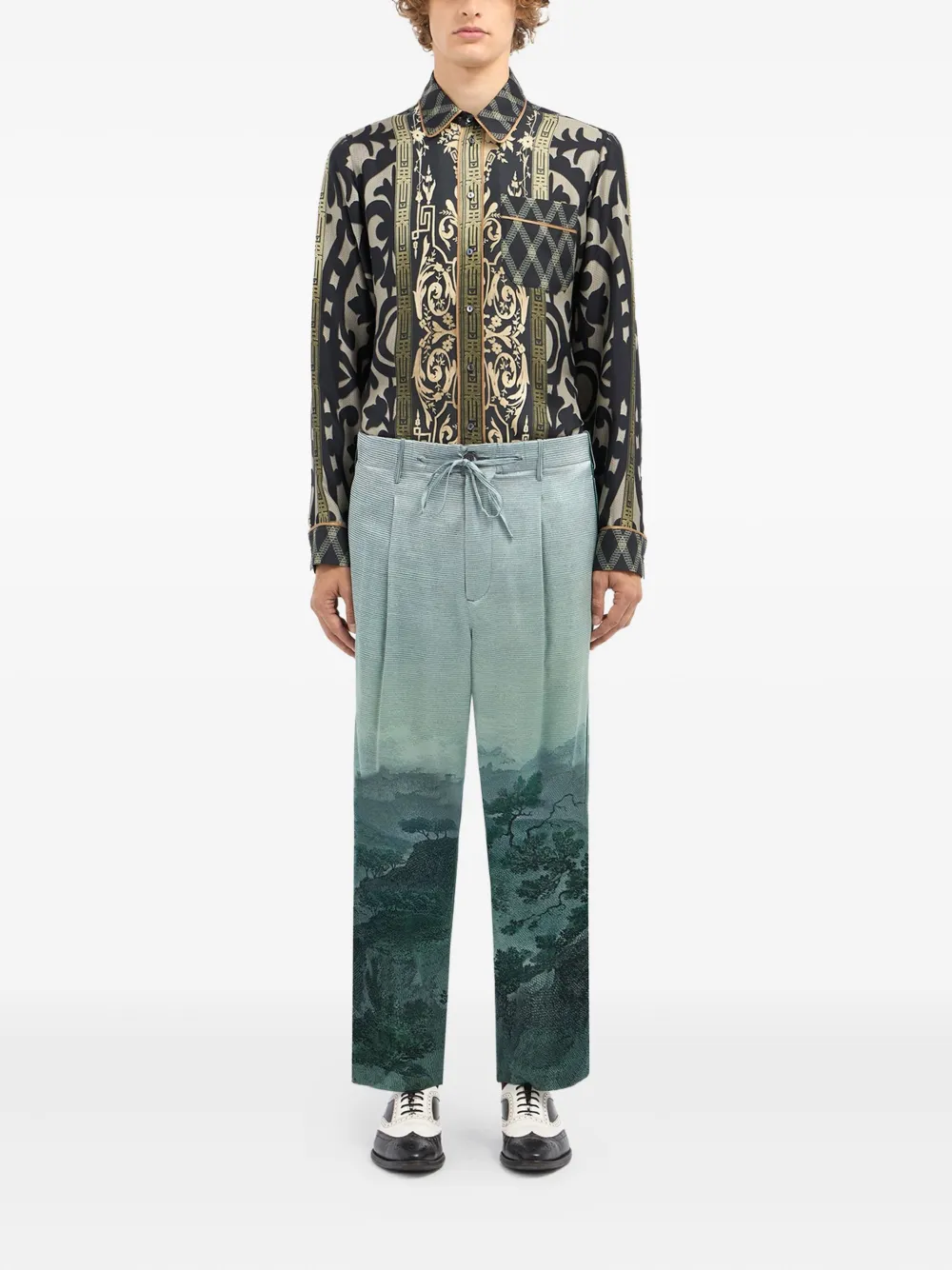 Pierre-louis Mascia Landscape-print Drawstring-waist Trousers In Blue
