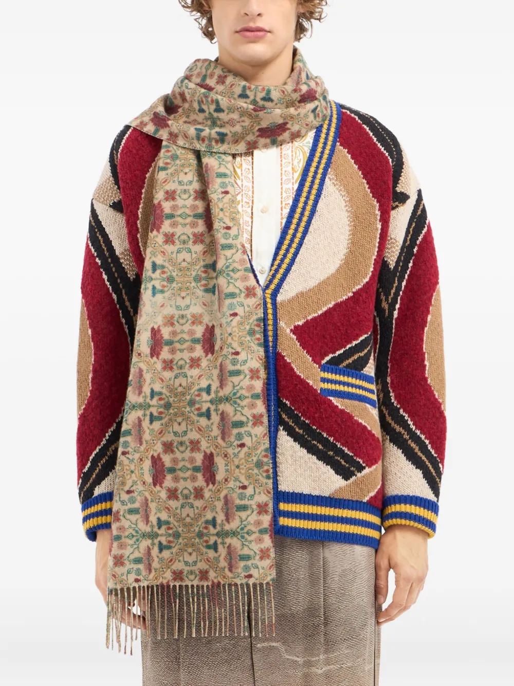 Pierre-louis Mascia Geometric-pattern Fringed-edges Scarf In Neutral