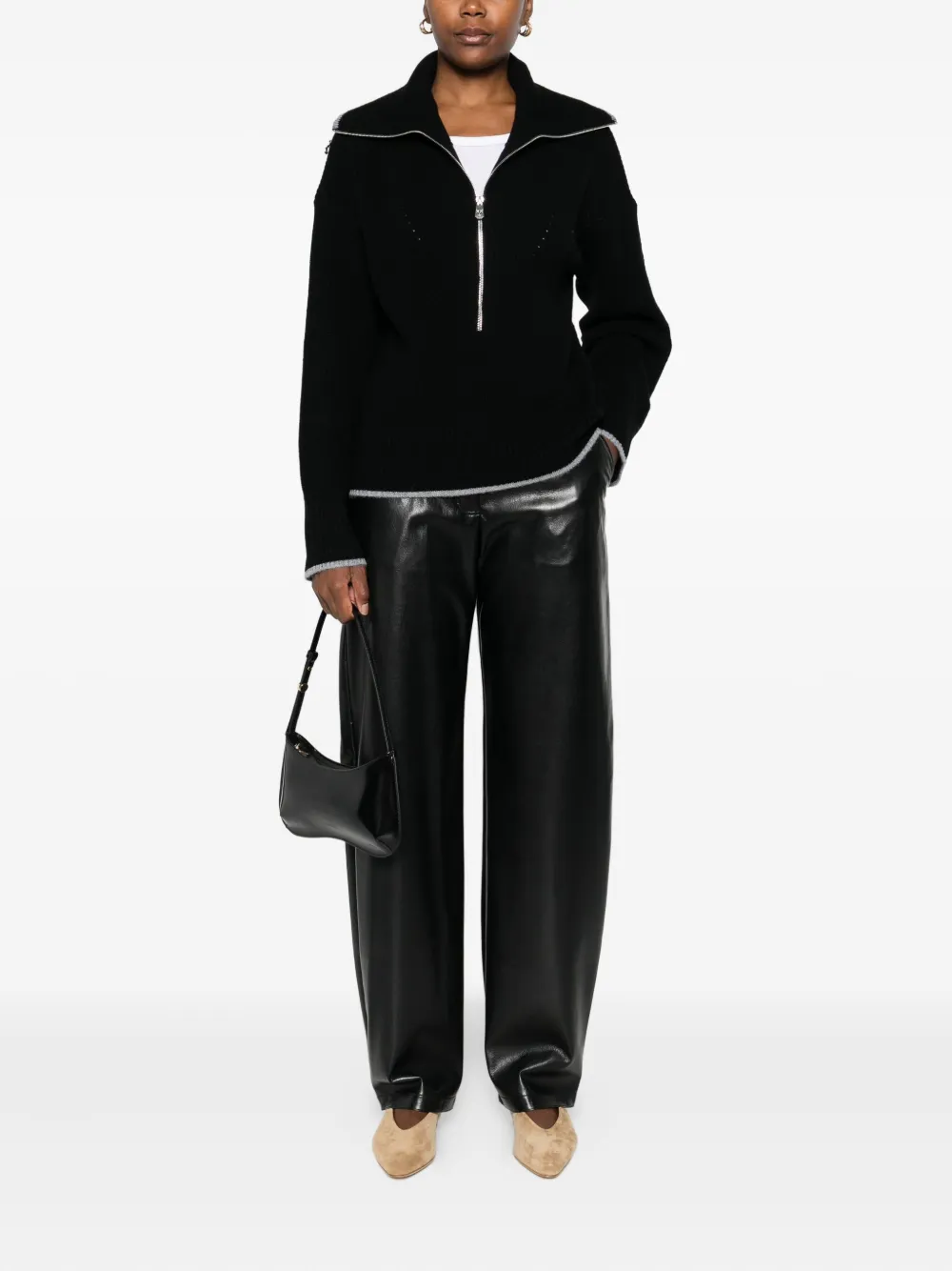 Pinko Zip-front Ribbed Knit Sweater In Black