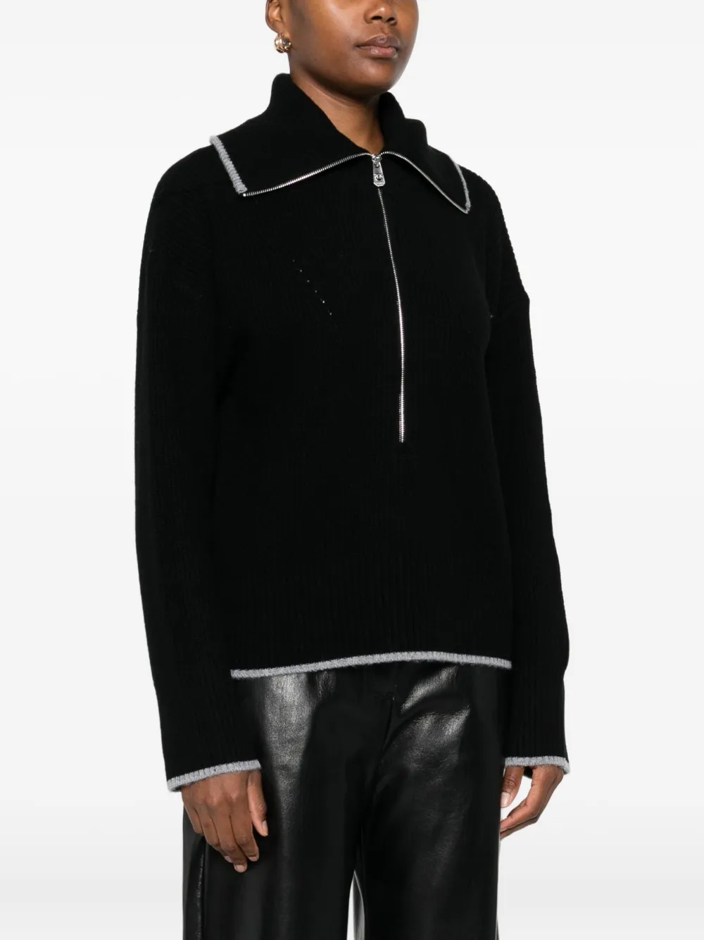 Pinko Zip-front Ribbed Knit Sweater In Black