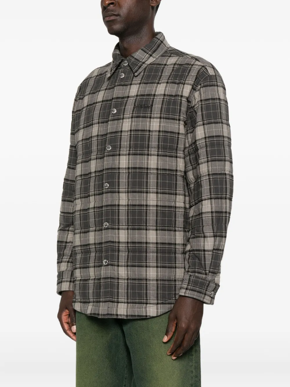 Off-white Grey Shirt With Logo Lettering On The Front And All-over Check Motif In Cotton Man In Gray