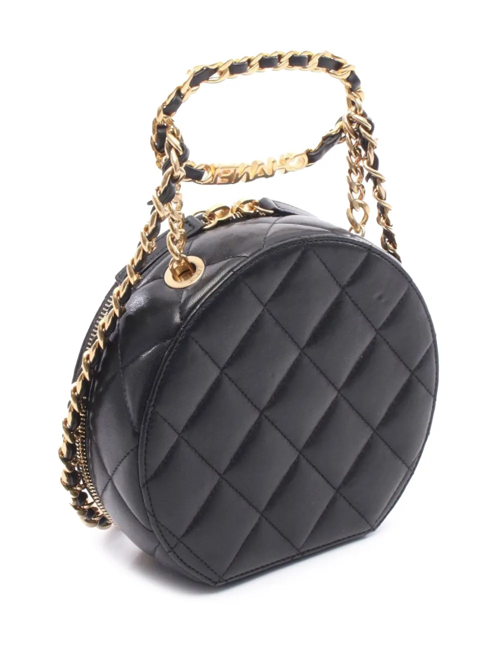 Pre-owned Chanel 2021-2025 Quilted Lambskin Oval Logo Chain Top Handle Round Clutch On Chain Satchel In Black