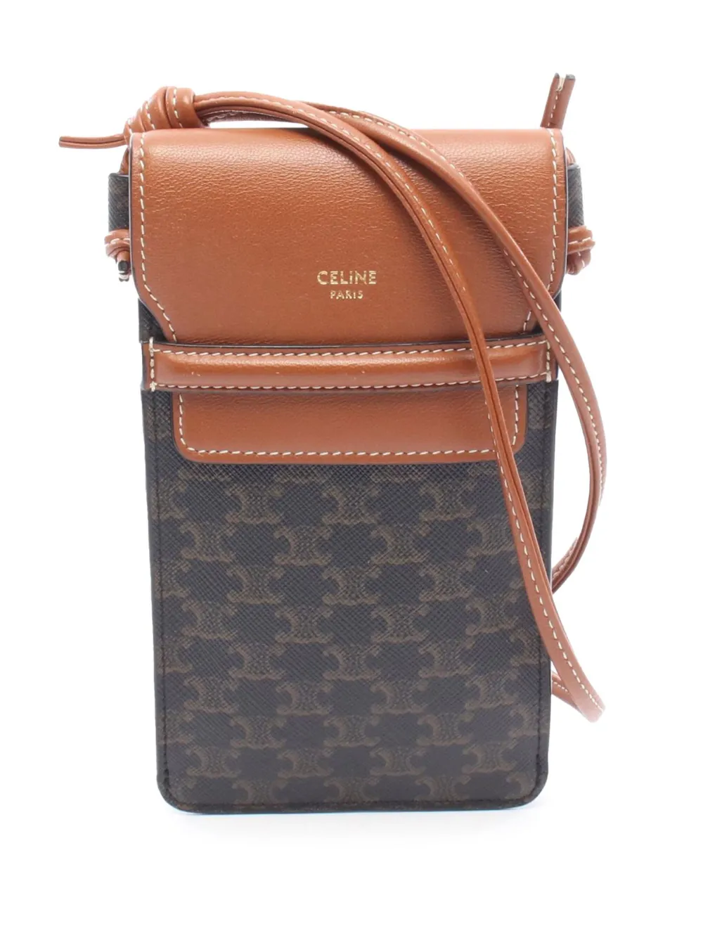 Pre-owned Celine 2021 Triomphe Coated Canvas Phone Pouch Flap Crossbody Bag In Brown