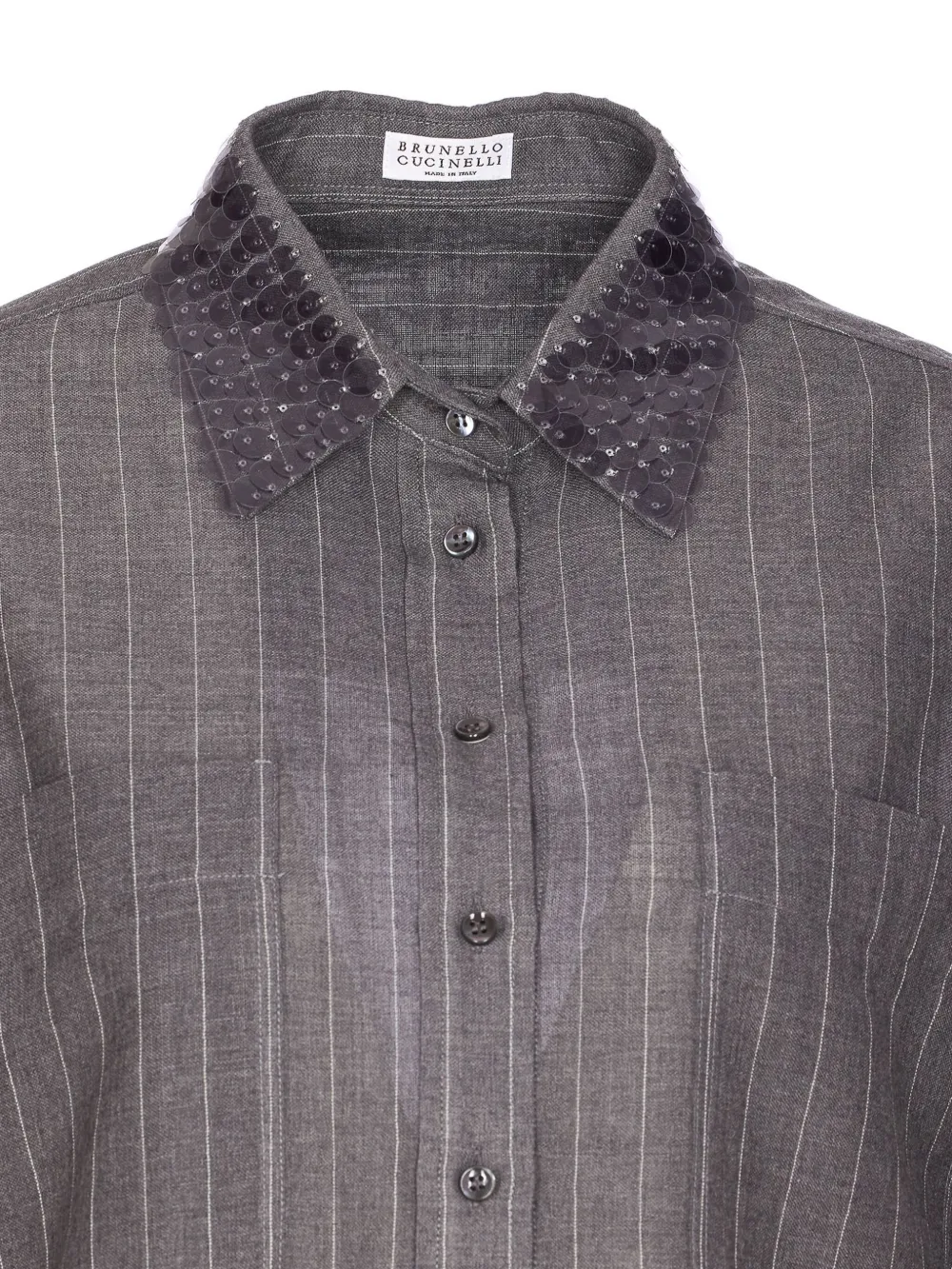 Brunello Cucinelli Pinstripe Sequin-collar Shirt In Gray